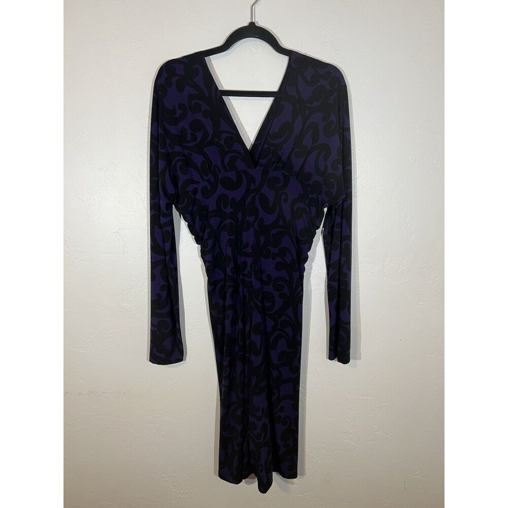New York & Company Purple Black Scroll Print Dress Size Large Long Sleeve V-Neck